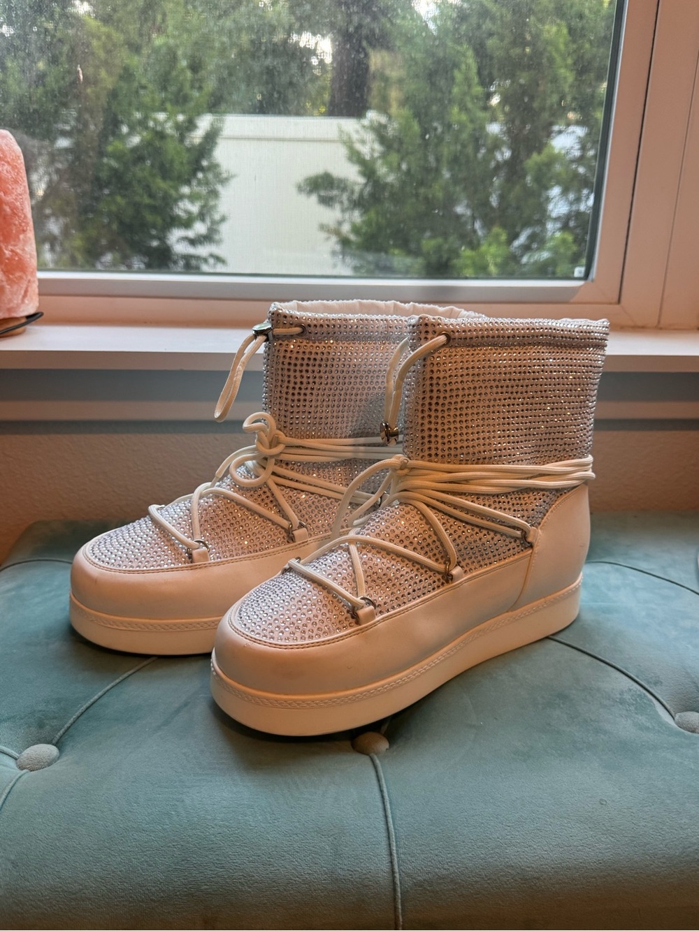 Women's Cream High-Top Platform Sneakers with Rhinestone Mesh